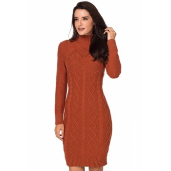 Black Cable Knit High Neck Sweater Dress Orange Apricot